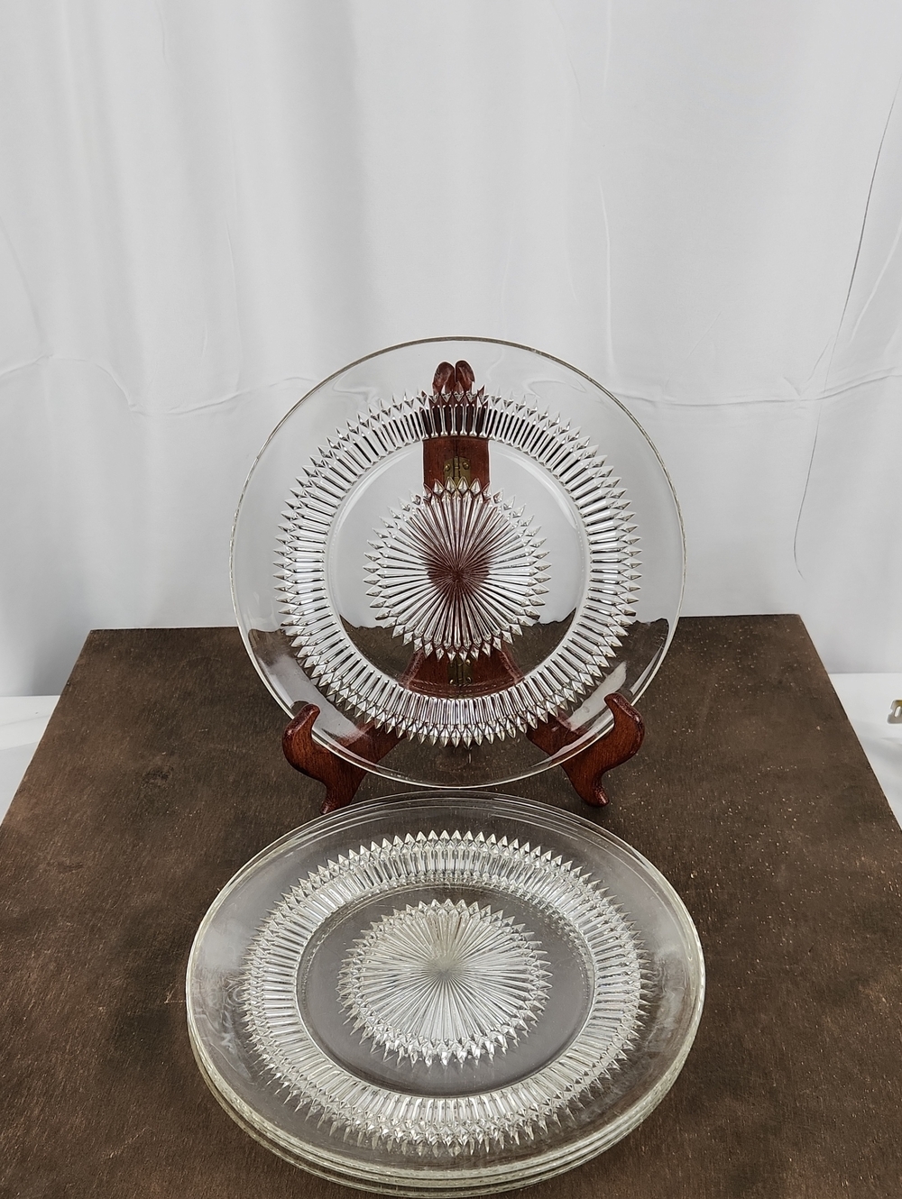 Vintage Pressed Glass Serving Plates  Set of 4 Starburst Cut Rear Impressions